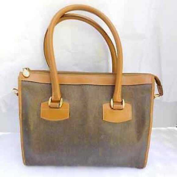 Vintage GUCCI Tan Monogram Canvas Leather Trim Spell-Out Logo Satchel - Picture 1 of 12